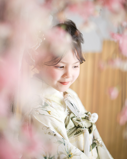 桜の花に囲まれた、淡い色の着物の女の子